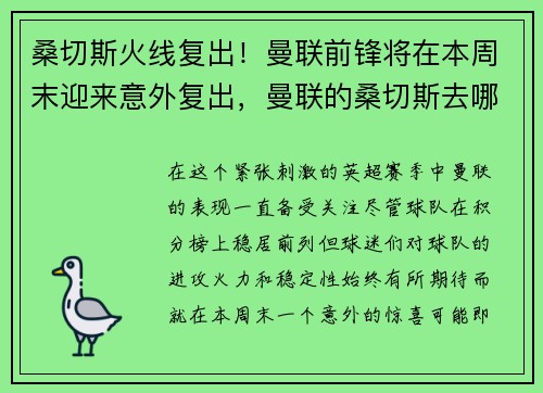 桑切斯火线复出！曼联前锋将在本周末迎来意外复出，曼联的桑切斯去哪了