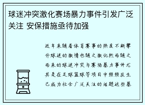 球迷冲突激化赛场暴力事件引发广泛关注 安保措施亟待加强 球迷冲突激化赛场暴力事件引发广泛关注 安保措施亟待加强