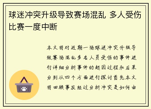 球迷冲突升级导致赛场混乱 多人受伤比赛一度中断 球迷冲突升级导致赛场混乱 多人受伤比赛一度中断